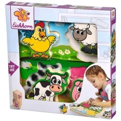 Eichhorn Wooden Puzzle Farm Animals With Fabric 5 Pieces Age 1+